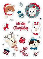 de Kerstmis reeks van stickers met dieren en winter vakantie details vector