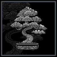 monochroom bonsai boom mandala kunsten geïsoleerd Aan zwart achtergrond. vector
