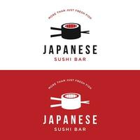 Japans voedsel sushi logo ontwerp met gekruiste eetstokjes. logo voor restaurant, bedrijf, bar. vector