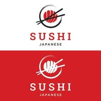 Japans voedsel sushi logo ontwerp met gekruiste eetstokjes. logo voor restaurant, bedrijf, bar. vector