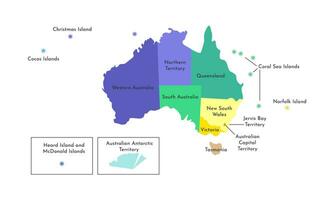 vector geïsoleerd illustratie van vereenvoudigd administratief kaart van Australië. borders en namen van de Regio's. multi gekleurde silhouetten.