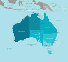 vector modern illustratie. vereenvoudigd geografisch kaart van Australië en dichtstbijzijnde gebieden, Indonesië, Papoea nieuw Guinea en enz. blauw achtergrond van Indisch oceaan en zeeën. namen van Australisch steden.