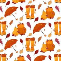 herfst naadloos patroon Aan een wit achtergrond. patroon in vlak stijl. patroon met paraplu, rubber laarzen en pompoenen. vector
