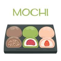 mochi. traditioneel Japans rijst- nagerecht. bal van rijst- meel met jam. vlak vector illustratie met zoet toetje geïsoleerd Aan wit. banier, poster, restaurant menu, nationaal mochi dag.