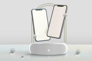 podium staan tafereel met smartphones wit kleur realistisch glas ballen vector