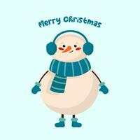schattig sneeuwman in een sjaal en warm koptelefoon. Kerstmis kaart met sneeuwman vector