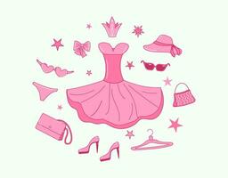 roze pop accessoires en kleren. roze mode set. pak, jurk, schoenen, hoed. vector