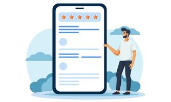 vlak vector illustratie. een Mens is beoordeling een app. een hoog beoordeling van vijf sterren. illustratie voor een verzoek naar tarief de werk