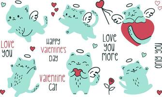 vector reeks in tekening stijl. schattig kittens cupido's. inscripties Aan de thema van Valentijnsdag dag. harten, bloemen en katten Aan wit achtergrond