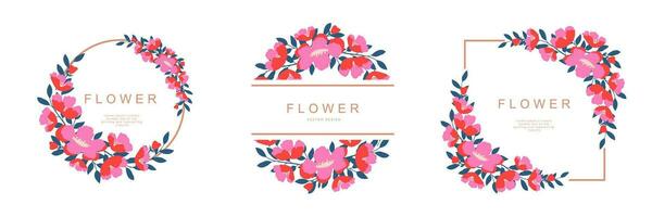 bloemen sjabloon reeks voor poster, kaart, omslag, label, banier, uitnodiging in mooi luxe botanisch stijl en elegant tuin vector ontwerp kader met bloemen en planten.