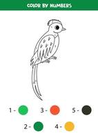 kleur tekenfilm quetzal vogel door nummers. werkblad voor kinderen. vector