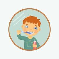 een vrolijke roodharige jongen met een beugel poetst zijn tanden vector