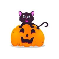 gelukkig katje, op Halloween-pompoen. gelukkig halloween in vlakke stijl vector