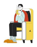 behandelen griep Bij huis lijn tekenfilm vlak illustratie. Aziatisch ziek Mens drinken thee in fauteuil 2d lijn kunst karakter geïsoleerd Aan wit achtergrond. opwarming omhoog, blijven gehydrateerd tafereel vector kleur beeld