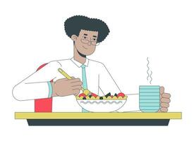 spaans wit halsband arbeider aan het eten salade 2d lineair tekenfilm karakter. bril latino Mens werk lunch geïsoleerd lijn vector persoon wit achtergrond. vegetarisch werknemer kleur vlak plek illustratie