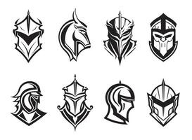 krijger helmen zwart pictogrammen of logos set. ridder schild, vector