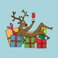 vrolijk Kerstmis en gelukkig nieuw jaar 2023, met hert en geschenk doos, schattig vakantie tekenfilm vector