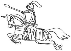 middeleeuwse ridder met lans en schild rijdende plaats doorlopende lijntekening vector