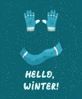 hand- getrokken illustratie met winter handschoenen en sjaal gezegde Hallo, winter. vector illustratie voor ansichtkaarten, posters en andere