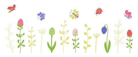 set lente en zomer decoratieve elementen en pictogrammen met vrolijke paaseieren in de vorm van bloemen, twijgen en vlinders. platte vectorillustratie voor maart, april vakantie vector