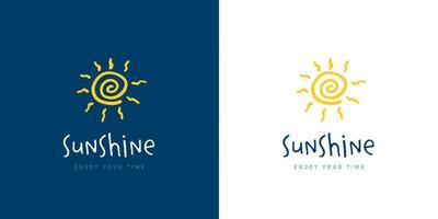 hand- getrokken stijl logo vector van tekening zon met geel abstract spiraal vorm zonneschijn icoon Aan blauw achtergrond