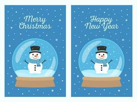 sneeuw wereldbol met sneeuwman en sneeuwvlokken. reeks van Kerstmis en nieuw jaar groet kaarten. vector illustratie