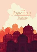 Ramadan kareem in lijn kunst stijl met populair iconisch symbool gebruik makend van in ontwerp cresent, lantaarn, moskee. vector geïsoleerd outine tekening. gemakkelijk en minimaal ontwerp.