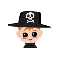 avatar van een jongen met rood haar, grote ogen en een brede, gelukkige glimlach die een hoed met een schedel draagt. het hoofd van een kind met een vrolijk gezicht. halloween feest decoratie vector