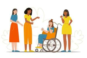 gehandicapt meisje in een rolstoel drankjes koffie en praat met haar vrienden vector