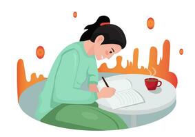 vrouw leerling schrijven een boek vrouw schrijven een Notitie of dagboek vector illustratie van vrouw karakter