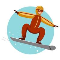 een vrolijke snowboarder rijdt op een snowboard vector