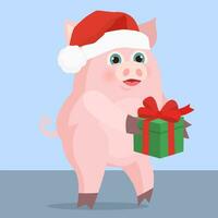 vrolijk Kerstmis schattig varken karakter Holding een geschenk vector