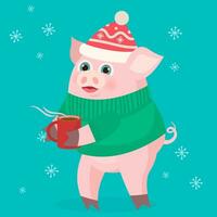 vrolijk Kerstmis schattig varken karakter drinken thee vector