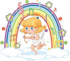 cupido-meisje op de wolk met melodiesymbolen op regenboog vector