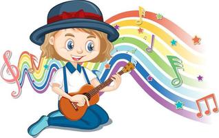 meisje dat gitaar speelt met melodiesymbolen op regenbooggolf vector