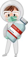 stripfiguur van een arts die een covid-19-vaccinfles houdt vector
