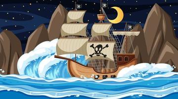 oceaan met piratenschip bij nachtscène in cartoonstijl vector