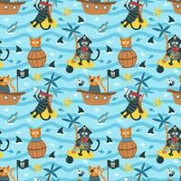 katten zijn piraten. grappig katten in de zee. naadloos patroon. vector illustratie