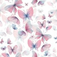 vlinders zijn roze, blauw, lila, vliegen, delicaat met Vleugels en spatten van verf. hand- getrokken waterverf illustratie. naadloos patroon Aan een wit achtergrond, voor ontwerp vector