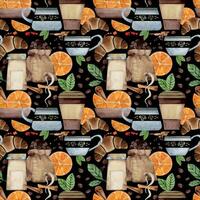 waterverf hand- getrokken naadloos patroon met koffie kopjes, bonen, oranje, kaneel, croissant, Tassen. geïsoleerd Aan donker achtergrond. voor uitnodigingen, cafe, restaurant voedsel menu, afdrukken, website, kaarten vector