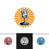 podcast-logo sjabloon. microfoon microfoon en zonsopgang illustratie. vector