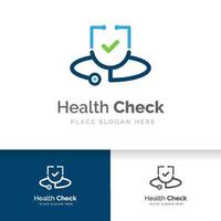 gezondheid check logo ontwerp. stethoscooppictogram met vinkje vector