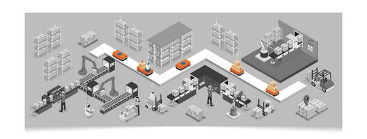 3d isometrische geautomatiseerd magazijn robots en slim magazijn technologie concept met magazijn automatisering systeem en autonoom robot vervoer operatie onderhoud. vector illustratie eps 10