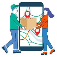 jong vrouw ontvangen een Product doos van een levering Mens terwijl een smartphone's kaart app is in de achtergrond. vector illustratie geïsoleerd Aan wit achtergrond. eps10