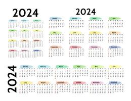 reeks van drie kalenders voor 2024 in verschillend vormen geïsoleerd Aan een wit achtergrond. zondag naar maandag, bedrijf sjabloon. vector illustratie