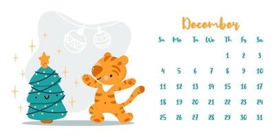 kalender voor december 2022 met schattige cartoontijger en kerstboom vector