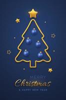 kerstwenskaart minimaal ontwerp met gouden metalen kerstboom, blauwe ballenbal en gouden sterren. nieuwjaarsaffiche, omslag of spandoeksjabloon. vakantie decoratie. vectorillustratie. vector