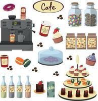 set items voor een coffeeshop. snoep en koffiezetapparaat. vector illustratie