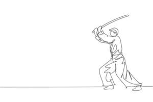 een doorlopende lijntekening van een jonge man aikido-jager oefent vechten met houten zwaard in het dojo-trainingscentrum. vechtsport strijdbare sport concept. enkele lijn tekenen ontwerp vectorillustratie vector