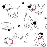 tekenfilm hond naadloos patroon, achtergrond. grappig gelukkig hond, grappig karakter in divers poseert, vector tekening